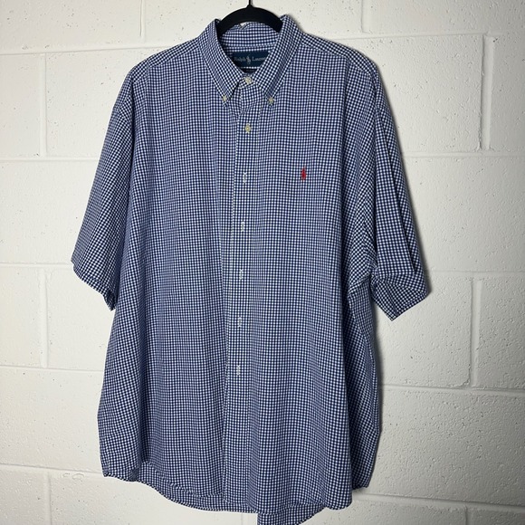 Ralph Lauren Blake Mens XXL Blue Gingham Short Sleeve Cotton Button Down Shirt - Picture 2 of 4